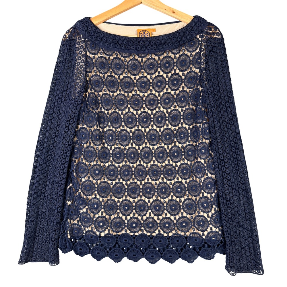 Tory Burch Navy Blue Cotton Crochet Lace Silk Trim Boat Neck Blouse Size 8